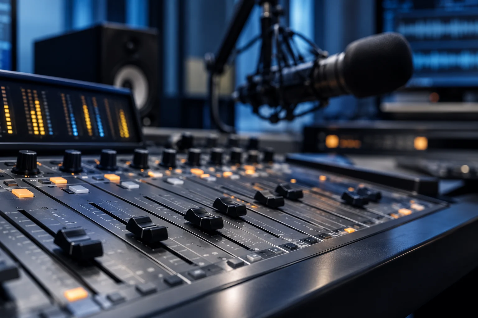Mesa de áudio em um ambiente de radiodifusão, em imagem ilustrativa